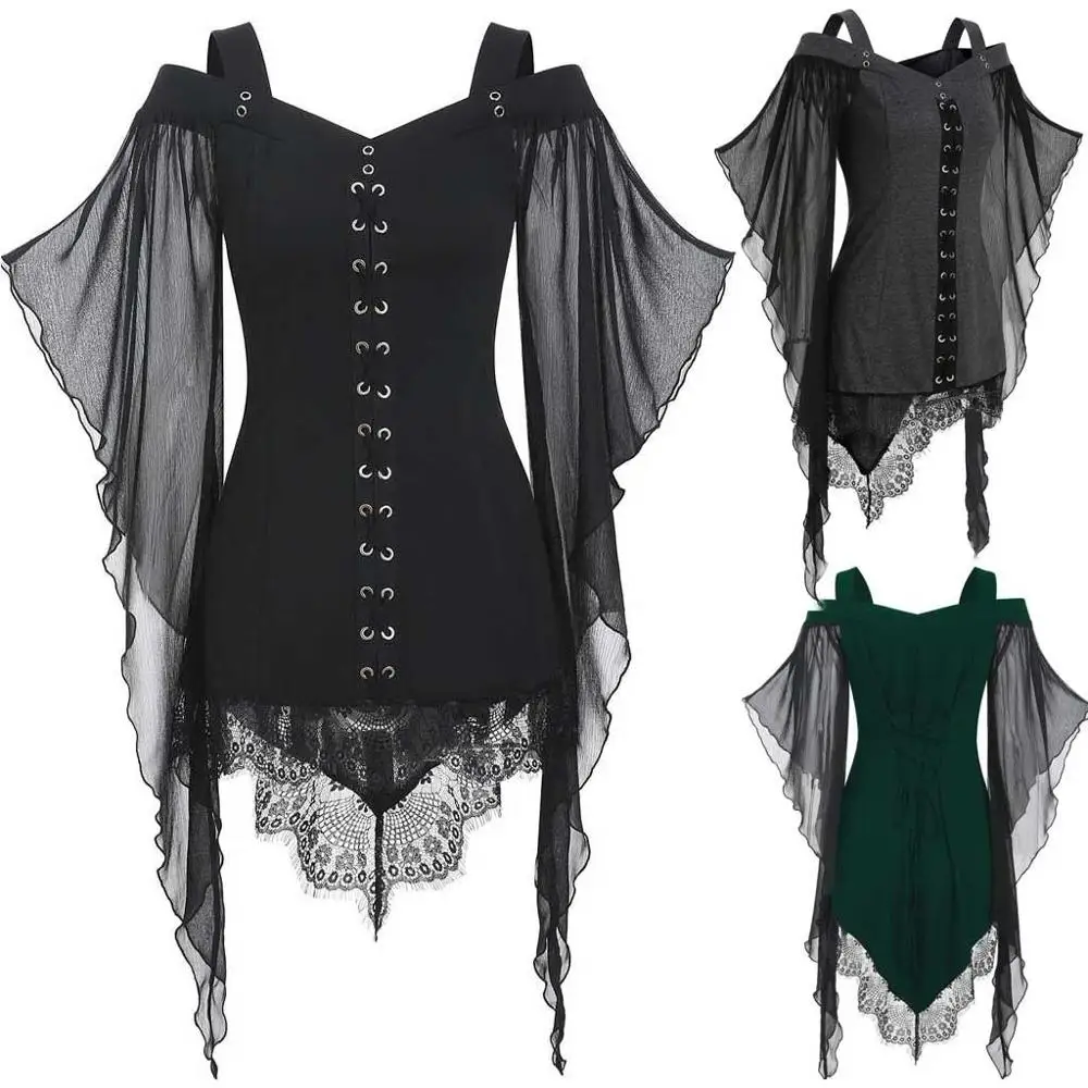 

Women Gothic Criss Cross Lace Insert Butterfly Sleeve T-shirt Plus Size Tops