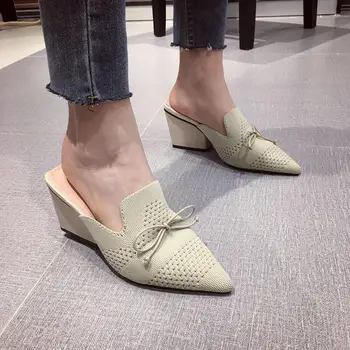 Knitting Women Slippers Block High Heels Pointed Toe Sandals Slides Bow Design Slip On Solid Color Casual Slippers Knitted Pumps
Knitting Women Slippers Block High Heels Pointed Toe Sandals Slides Bow Design Slip On Solid Color Casual Slippers Knitted Pumps