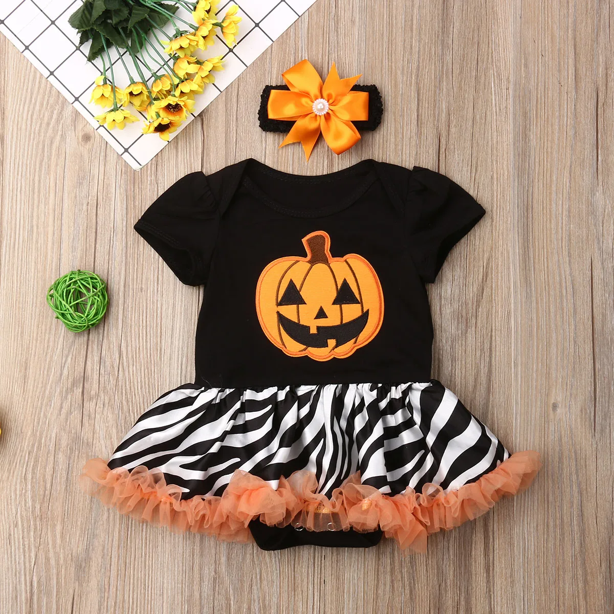 

Pudcoco Newborn Baby Girl Clothes Pumpkin Print Short Sleeve Striped Ruffle Dress Romper Jumpsuit Headband 2Pcs Outfits Clothes