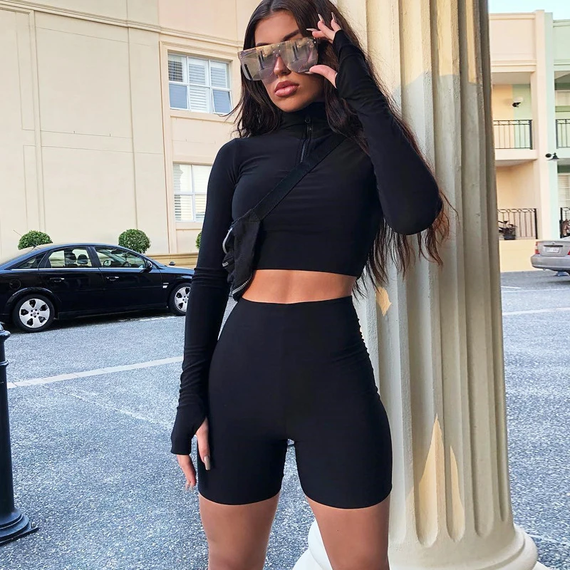 Casual Two Pieces Set Zipper Collar Elastic Crop Tops Women Long Sleeve T Shirt and Shorts Pants Womens Outfits Summer Fitness
Casual Two Pieces Set Zipper Collar Elastic Crop Tops Women Long Sleeve T Shirt and Shorts Pants Womens Outfits Summer Fitness