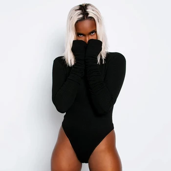 Solid Long Sleeve Skinny Elastic Bodycon Women Bodysuit Spring Stand Neck Slim Sexy Lady Cotton Jumpsuit Suit