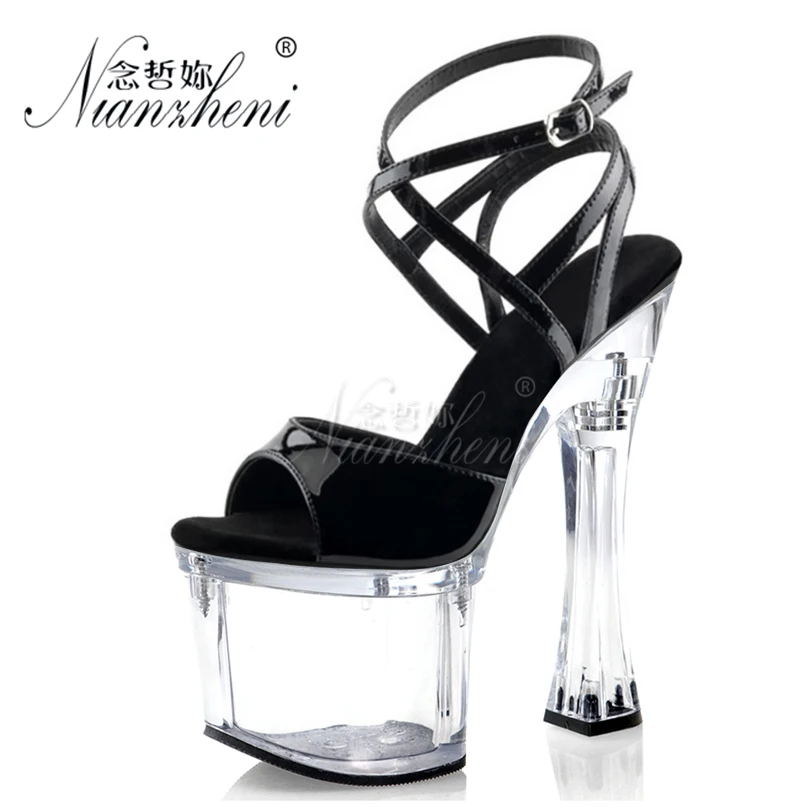 

18cm Super High heeled shoes Narrow band Spool heels 7 inches Elegant Patent leather Rome Open Toe Women's Sandals Pole dancing