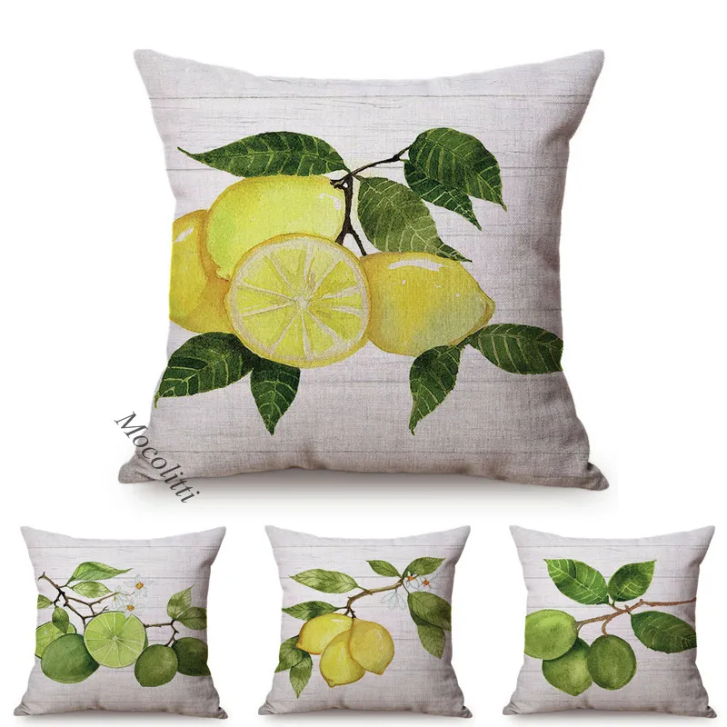 

Green Lemons Fruit Pattern Cushion Cover Sofa Pillowcase Citrus Farm Water Color Art Decoration Square Cushions Cover Kussenhoes