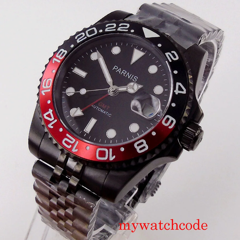 

40mm Parnis Black PVD Plated GMT Automatic Men Watch Sapphire Glass Date Jubilee Strap Luminous Marks Unidirectional Bezel