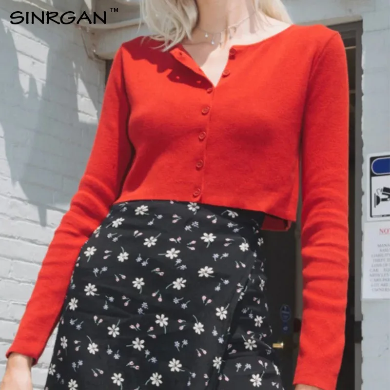 SINRGAN red short single breasted long sleeve cardigans short autumn Midriff-baring tops
SINRGAN red short single breasted long sleeve cardigans short autumn Midriff-baring tops