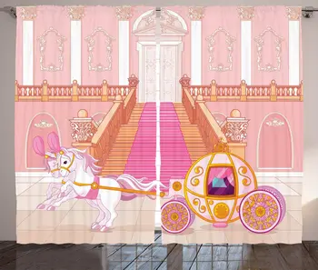 Feminine Curtains Fairytale Carriage with Ornamental Details Stopped at Door of Palace Print Living Room Bedroom Window Drapes 
Feminine Curtains Fairytale Carriage with Ornamental Details Stopped at Door of Palace Print Living Room Bedroom Window Drapes