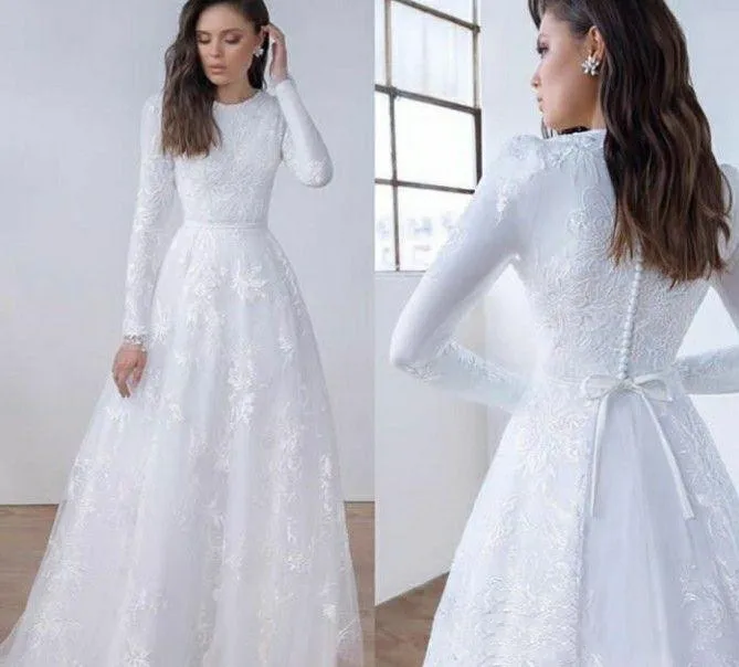 

Long Sleeves Lace A-line Modest Wedding Dresses Jewel Neck Sweep Train Simple Vintage Lace muslim country Bridal Gowns