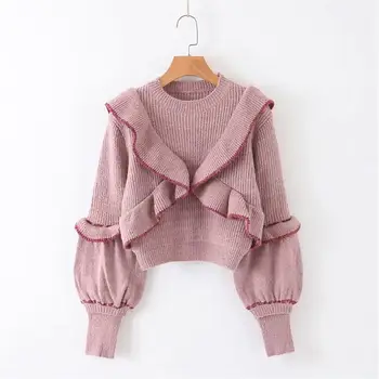 Women's o-neck Europe style Sweater lady Autumn ruffles lantern sleeve sweater Female fashion pullover chic short Tops TB3864 
Women's o-neck Europe style Sweater lady Autumn ruffles lantern sleeve sweater Female fashion pullover chic short Tops TB3864
