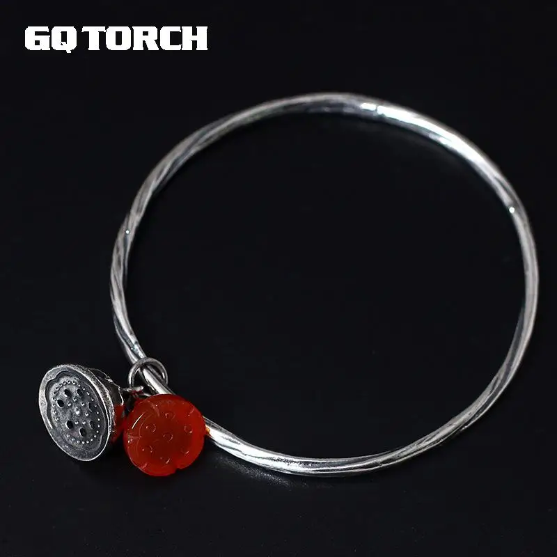 GQTORCH 925 Sterling Silver Vintage Bangle Charm Bracelets For Women With Red Agate Beautiful Lotus Armbanden | Украшения и