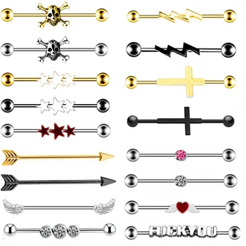 

Stainless Steel Skull Gold Industrial Piercing Barbell Earring 14G Cross Ear Industrial Piercing Bar Lightning Pircing Cartilage