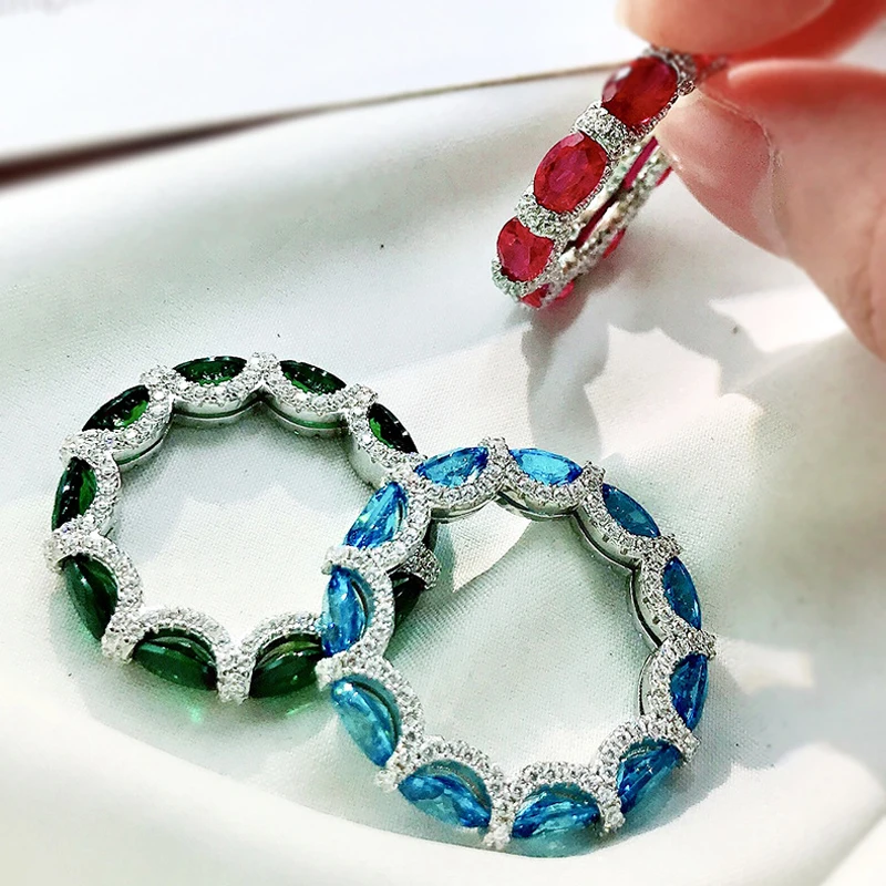 OEVAS 100% 925 Sterling Silver Sparkling Full High Carbon Diamond Synthetic Ruby Aquamarine Emerald Rings For Women Fine Jewelry