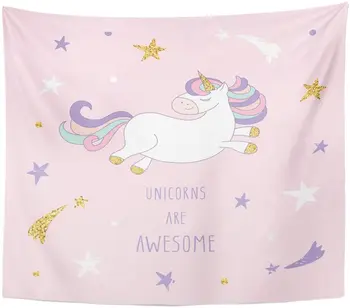 

Tapestry Cartoon Unicorn Starry Sky Cute Inspirational on Pastel Pink Tapestries Wall Hanging for Living Room Bedroom Dorm