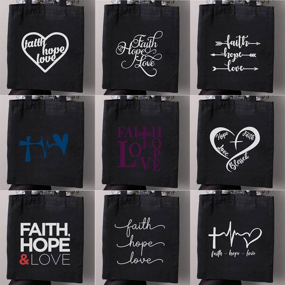 

Faith Hope Love 2021 Ladies Handbags Canvas Tote Bag Women Black Shopping Handbag Eco Reusable Shoulder Shopper Grocery Bags