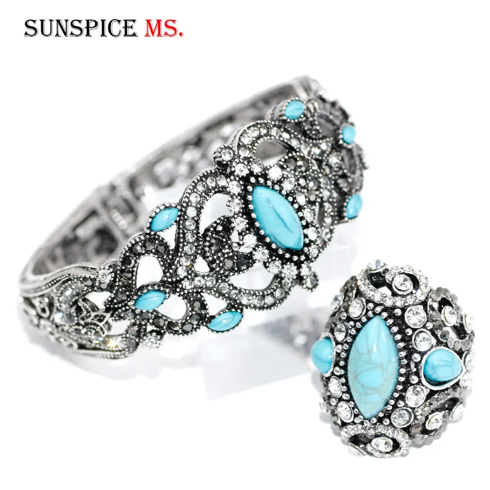 

SUNSPICE MS Vintage Indian Jewelry Women Old Gold Silver Color Bangle Ring Sets Turkish Ethnic Banquet Wedding Jewelry Gift