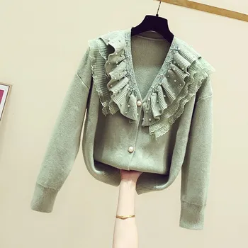 2019 New Autumn Winter Gauze Ruffles Beading V Neck Single Breasted Knitted Female Cardigans Long Sleeve Women Green Sweaters
2019 New Autumn Winter Gauze Ruffles Beading V Neck Single Breasted Knitted Female Cardigans Long Sleeve Women Green Sweaters
