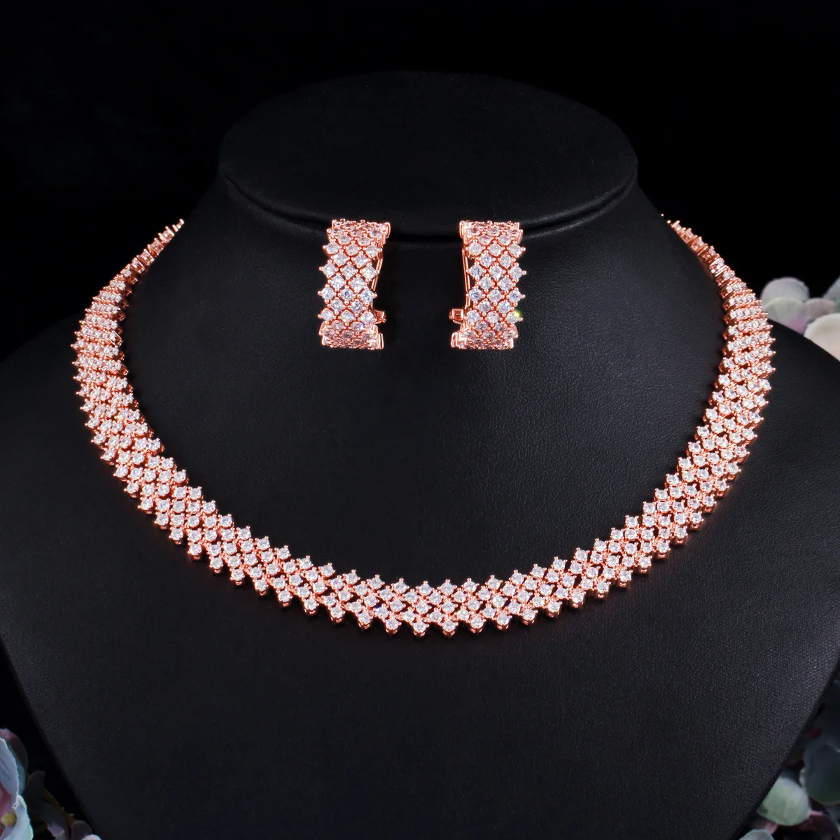 

EYER Luxury Rose Gold Color Shining Necklace Earring Set For Women Wedding Party Full Cubic Zircon Arab Dubai Bridal Jewelry Set