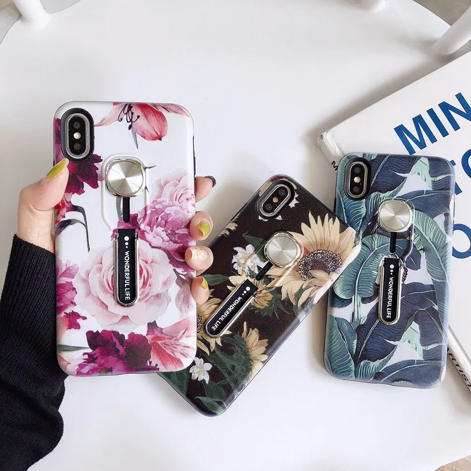 Luxury Flower Hide Loop Stand Case For iPhone 11 Pro X XR XS Max Silicone Holder Cover 6 6s 7 8 Plus Back Coque Funda | Аксессуары для