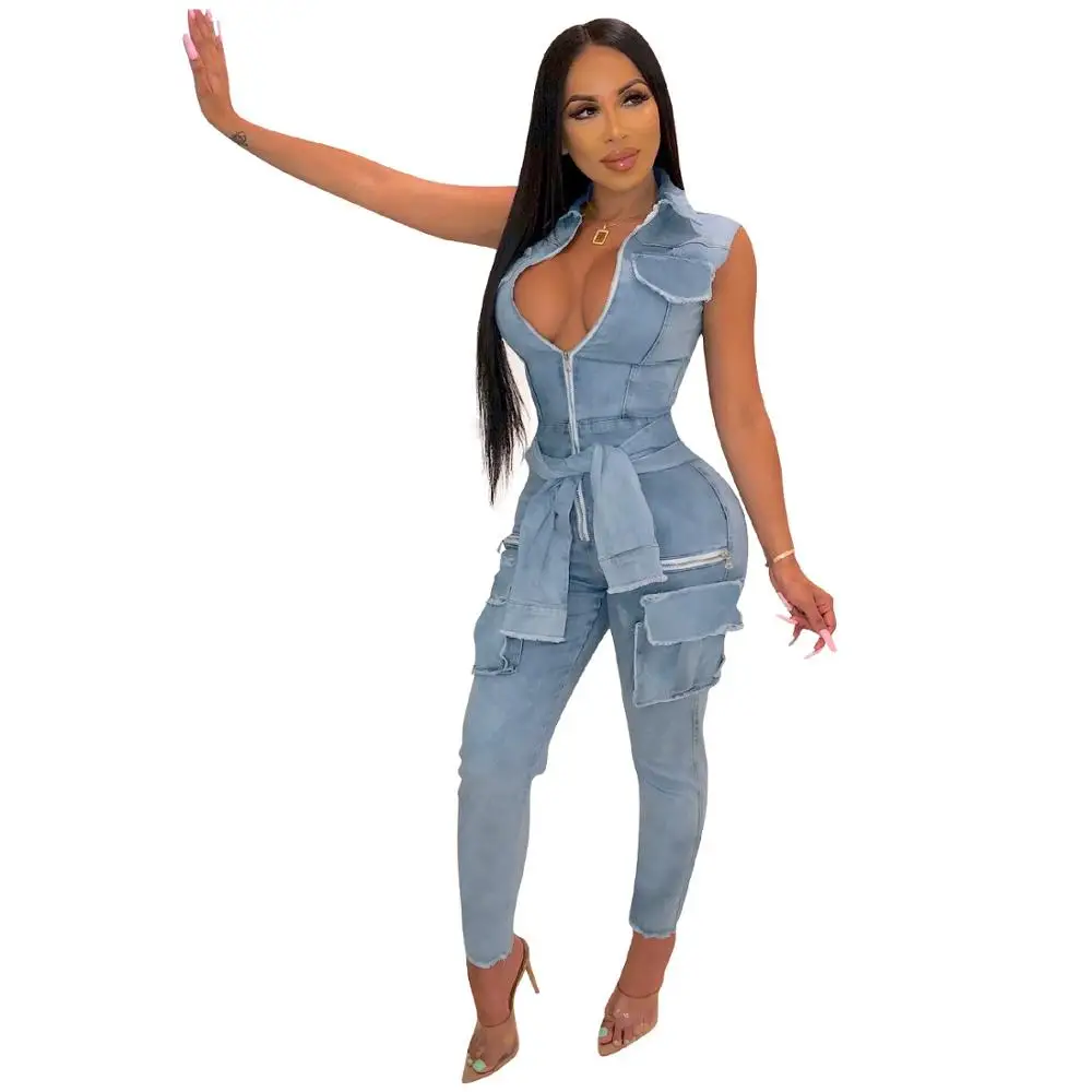 Adogirl Women Vintage Denim Jumpsuit Zipper Up Fake Sleeve High Waist Skinny Jumpsuit With Sashes One Piece Set Jean Bodysuit 
Adogirl Women Vintage Denim Jumpsuit Zipper Up Fake Sleeve High Waist Skinny Jumpsuit With Sashes One Piece Set Jean Bodysuit