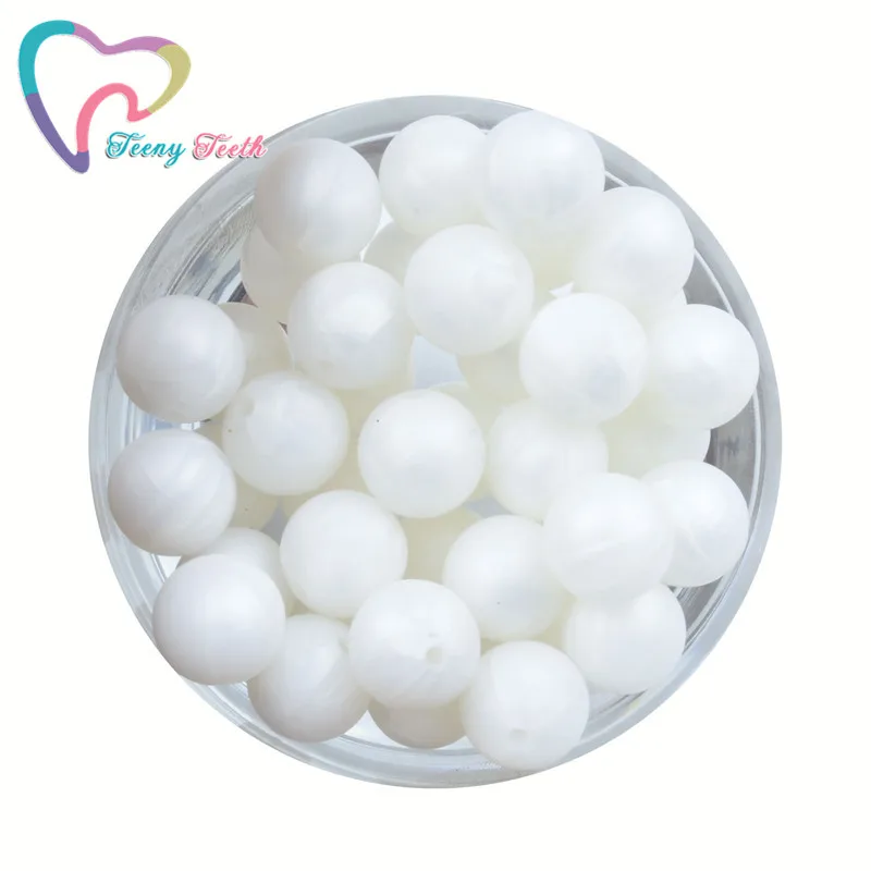 

Teeny Teeth 100 PCS Metallic White Round Beads 9-19MM Silicone Teething Bead Pacifier Clips Baby Teether Toys DIY BPA Free Perle