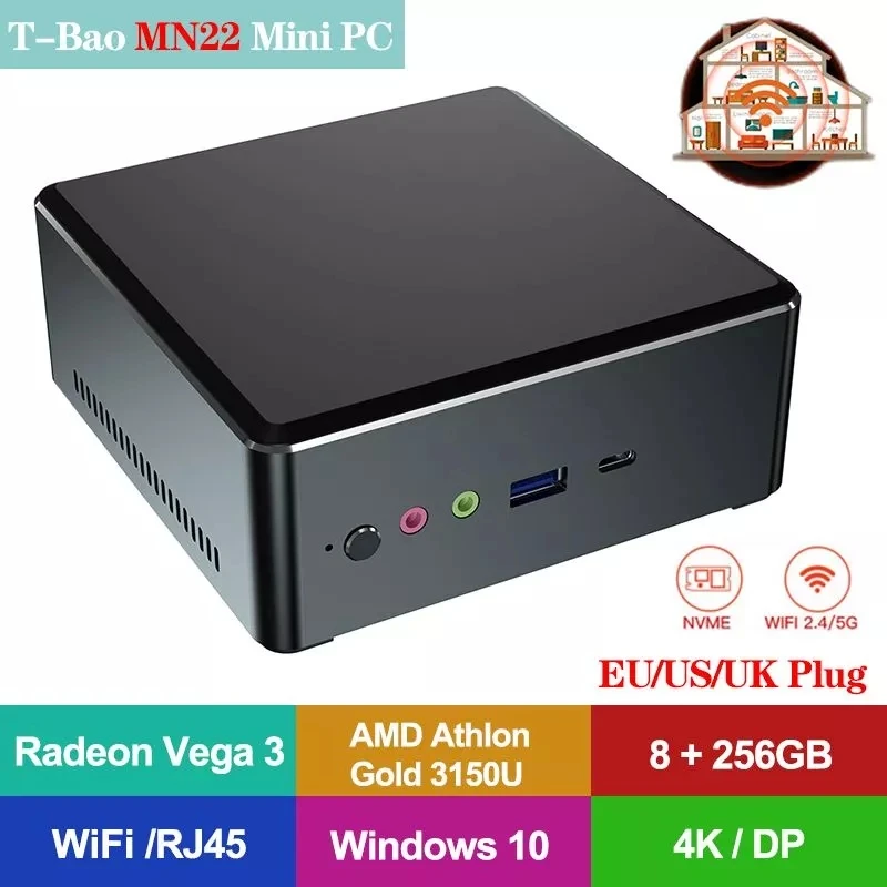 Мини-ПК T-Bao MN22 AMD Athlon Gold 3150U 8 Гб DDR4 256 ГБ M.2 NVME SSD Radeon Vega 3 Graphics DP HD 4K Dual WiFi Настольный ПК