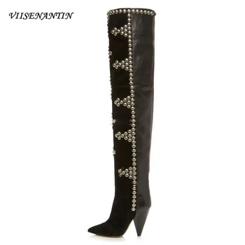 Pleated Stretch Spike Heel Genuine Leather Long Rivet Slope Pointed Toe Catwalk Over The Knee Knight Boots Crystal Shoes Women
Pleated Stretch Spike Heel Genuine Leather Long Rivet Slope Pointed Toe Catwalk Over The Knee Knight Boots Crystal Shoes Women