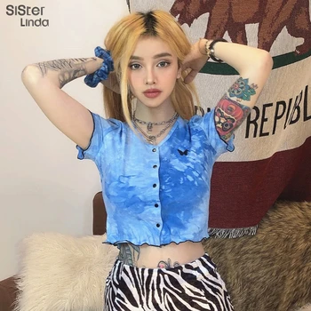 Sisterlinda Tie-dye Print T-shirts Women Tops Single-breasted Short Sleeve Top Female Tshirts V-neck Basic Tees Top Mujer 2020
Sisterlinda Tie-dye Print T-shirts Women Tops Single-breasted Short Sleeve Top Female Tshirts V-neck Basic Tees Top Mujer 2020