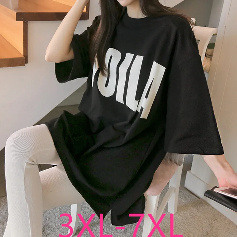 

2019 summer plus size tops for women large short sleeve casual cotton letter O neck long T-shirt white black 3XL 4XL 5XL 6XL 7XL