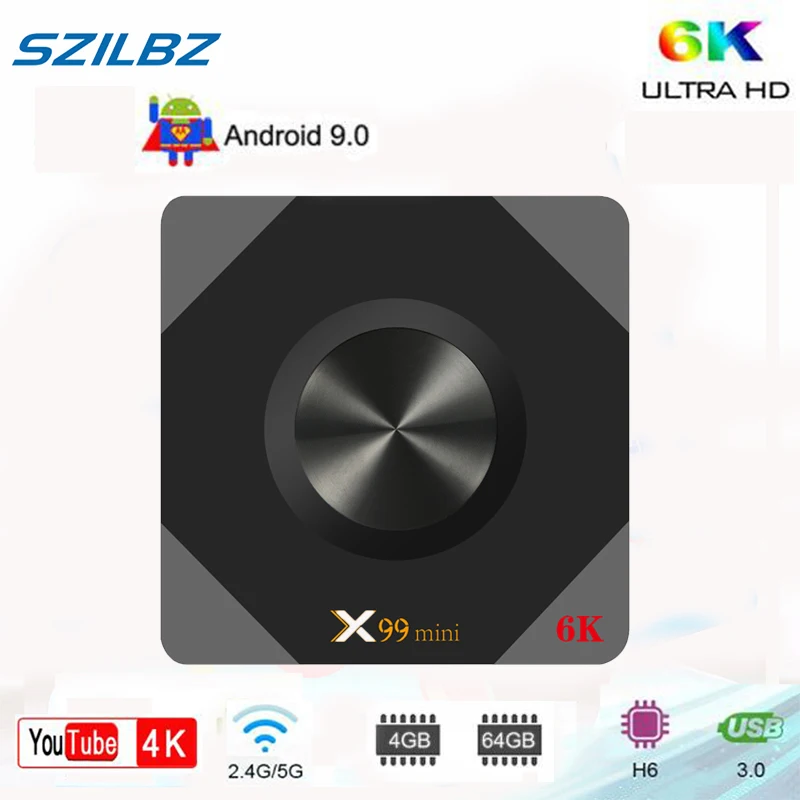 SZILBZ x99 mini Android 9.0 Smart TV BOX Allwinner H6 Quad Core support 6K 2.4G&5G WIFI Set Top Box Media player X99mini
SZILBZ x99 mini Android 9.0 Smart TV BOX Allwinner H6 Quad Core support 6K 2.4G&5G WIFI Set Top Box Media player X99mini