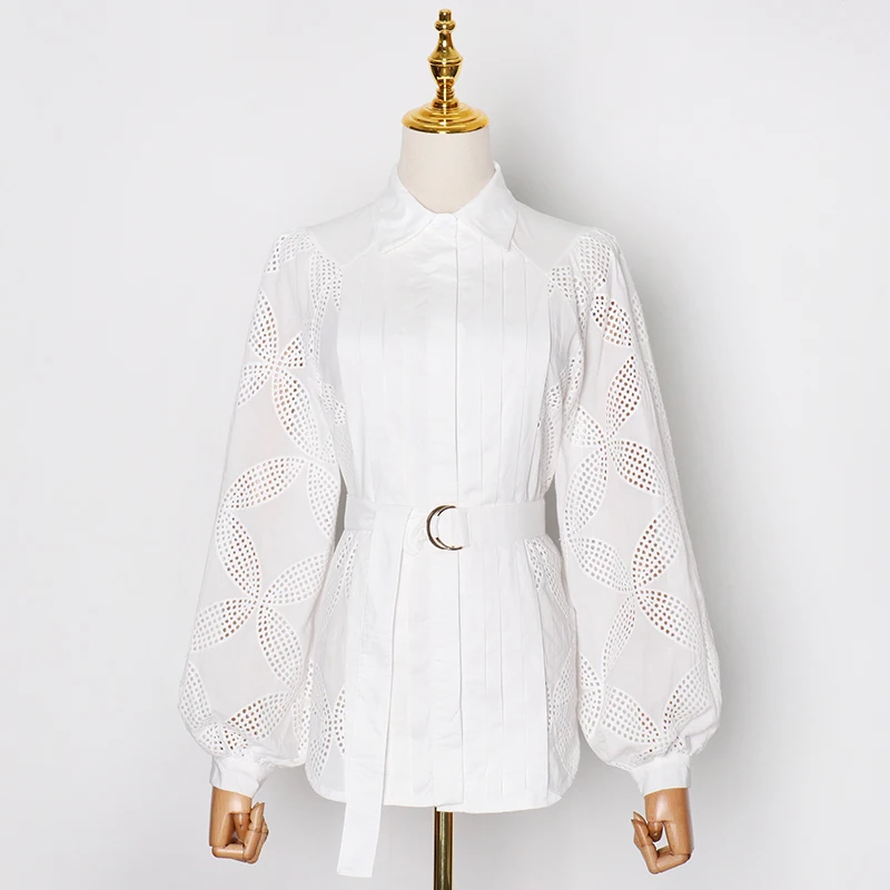 Patchwork Pleated Blouse For Women Lapel Long Sleeve Sashes Hollow Out White Shirt Female Fashion New Style 
Patchwork Pleated Blouse For Women Lapel Long Sleeve Sashes Hollow Out White Shirt Female Fashion New Style