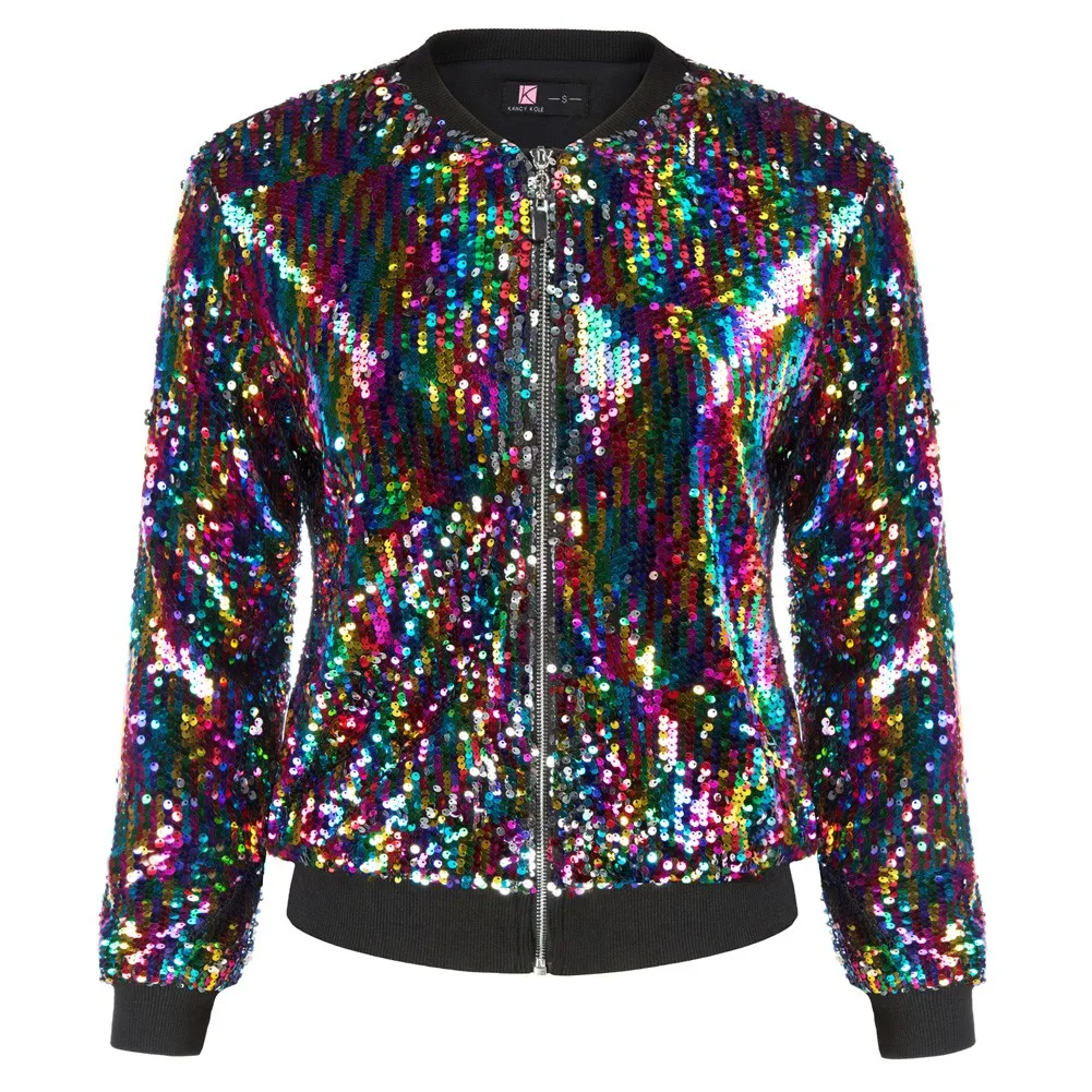 

KK Women Sparkling Sequins Baseball Jacket Coat Long Sleeve Stand Collar Zip-up Party Bomber Blazer With Pockets Outerwear A30