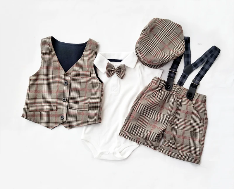 Boy dress Short sleeve gentleman suit 2020 new Lattice vest Strap short hat and cotton romper 5pcs clothing sets boys clothes