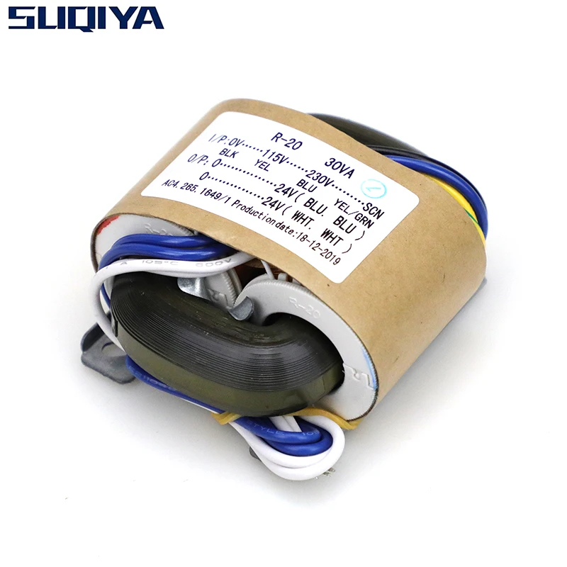 SUQIYA-R-20 pure copper 30VA R-type transformer 24VX2 supports 115V and 230V input 
SUQIYA-R-20 pure copper 30VA R-type transformer 24VX2 supports 115V and 230V input