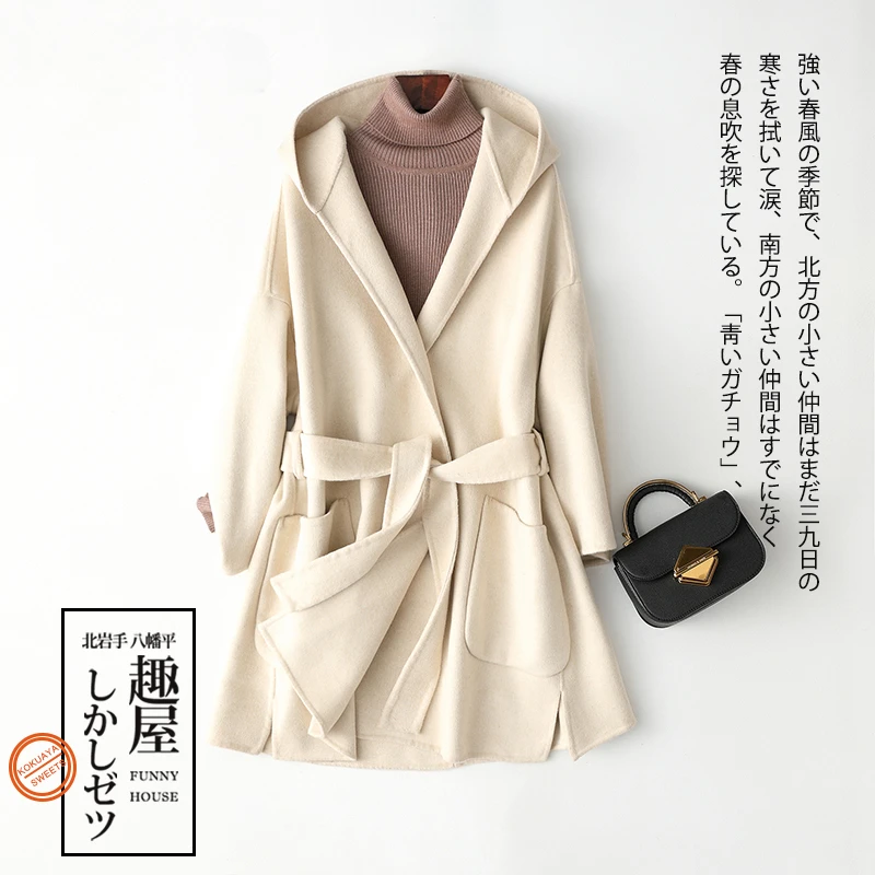 Фото Женское шерстяное пальто с поясом Элегантное Длинное винтажное в Корейском