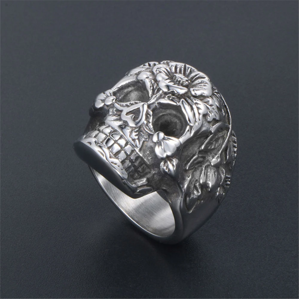 SHQIYAYI 316L кольца из нержавеющей стали с черепом для мужчин Ретро стиль цветок панк