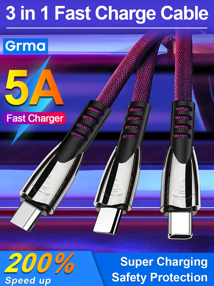 Grma 3 in 1 5A Micro USB Type C Cable for iPhone Samsung Xiaomi Mobile Phone Alloy Connector USB C Fast Charging Charger Cable
Grma 3 in 1 5A Micro USB Type C Cable for iPhone Samsung Xiaomi Mobile Phone Alloy Connector USB C Fast Charging Charger Cable