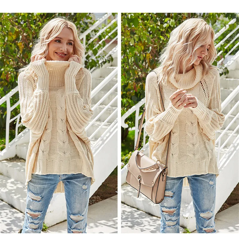 

High Neckline Solid Casual Loose Regular Shift Sweaters Women Fall 2020