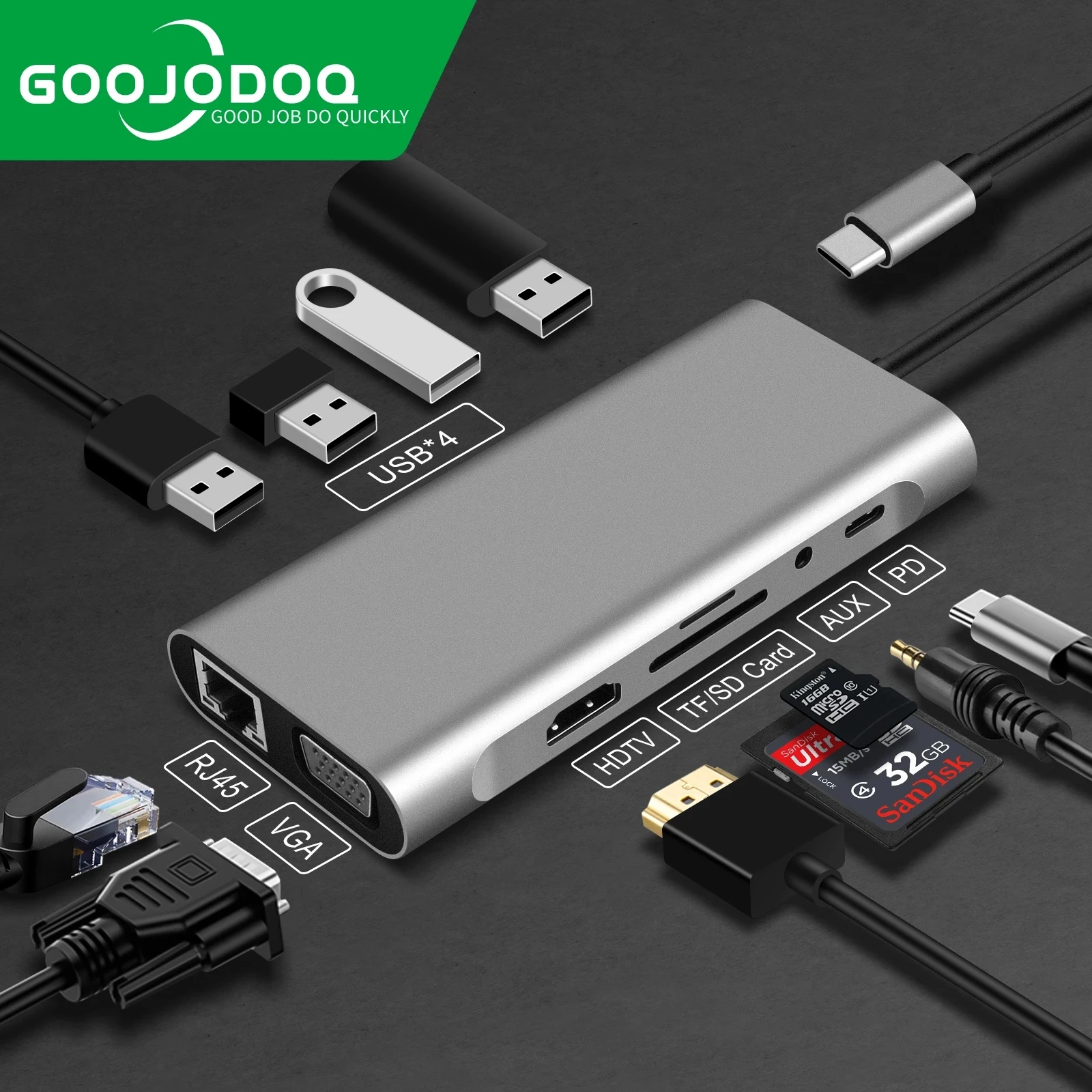 Тип USB C концентратор Type-C совместимому с HDMI 4K VGA RJ45 Lan Ethernet SD TF USB-C 3 0 5 мм Джек аудио