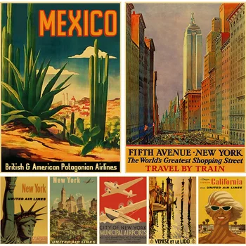 World Travel City New York Mexico Poster Retro Kraft Paper Posters and Prints for Home Decor Study Bar Art Painting Stickers