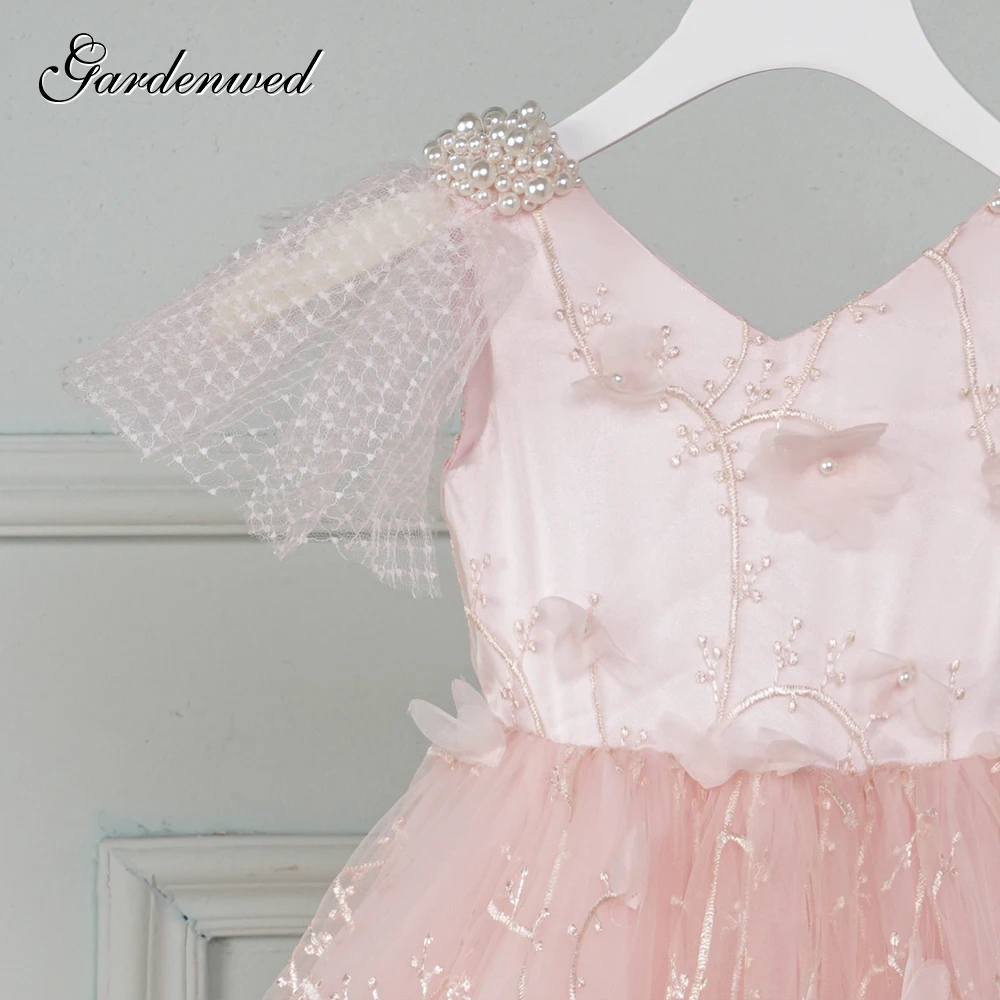 Cute Puffy Pink Princess Dresses Ball Gown Pearls Cluster Girls Flower Girl Dresses Tulle Lace Satin Bow Communion Dresses Cute Puffy Pink Princess Dresses Ball Gown Pearls Cluster Girls Flower Girl Dresses Tulle Lace Satin Bow Communion Dresses