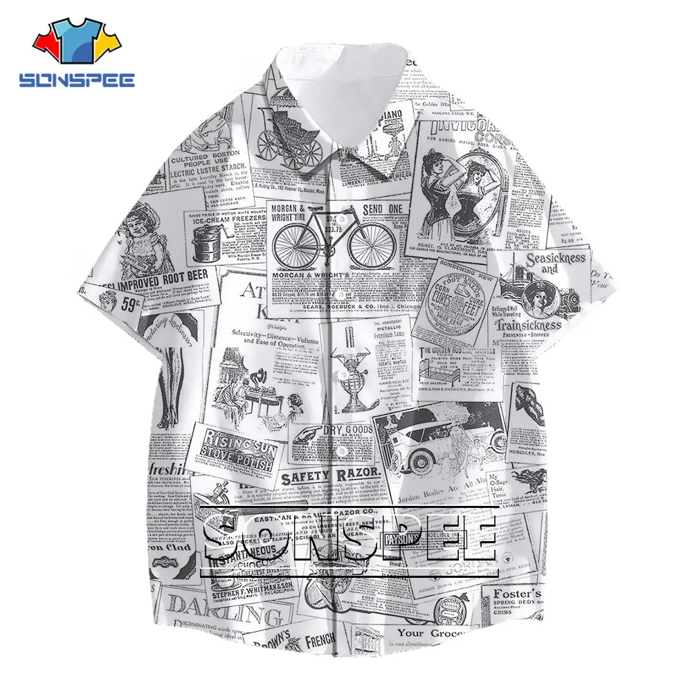 

SONSPEE 3D Print Old Newspaper Shirt Summer Casual Streetwear Funny Women Men's Hawaiian Short Sleeve Shirts Fitness Top Clothes