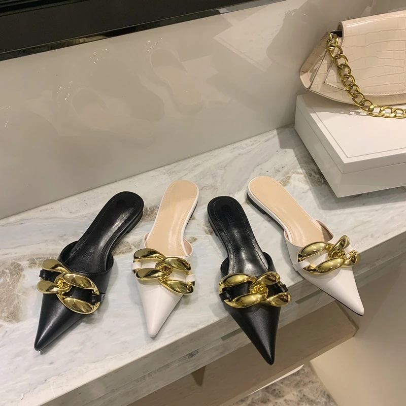 

Женские полутапочки с металлической цепочкой и острым носком, новинка 2021, белые туфли на плоской подошве в европейском и американском стиле Baotou