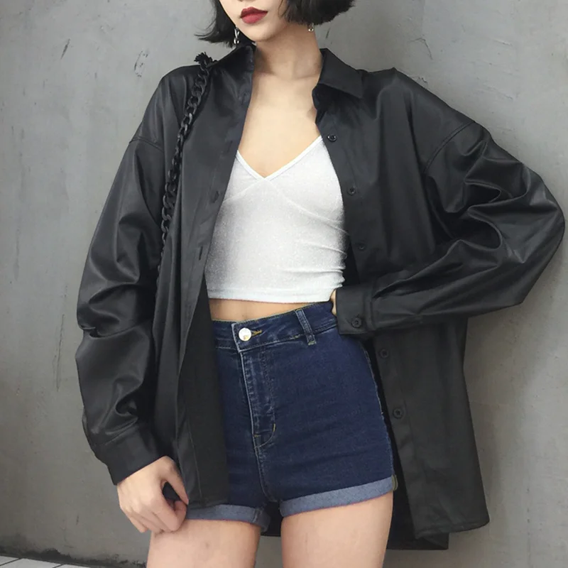 Jackets Women Loose BF black pu leather shirt coat 2019 New Fashion women Spring Autumn Leather Jacket Plus Size J475
Jackets Women Loose BF black pu leather shirt coat 2019 New Fashion women Spring Autumn Leather Jacket Plus Size J475