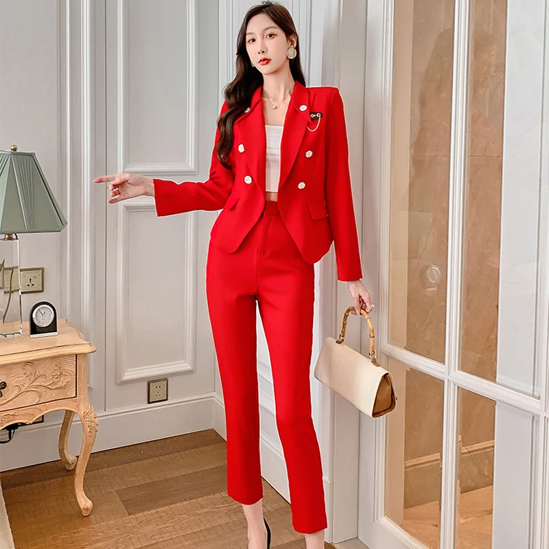 

Fashion Korean Style Women OL Temperament Notched Neck Double breasted Coat Jacket Blazer Pants Trouser Suit Female 2 Pieces Set