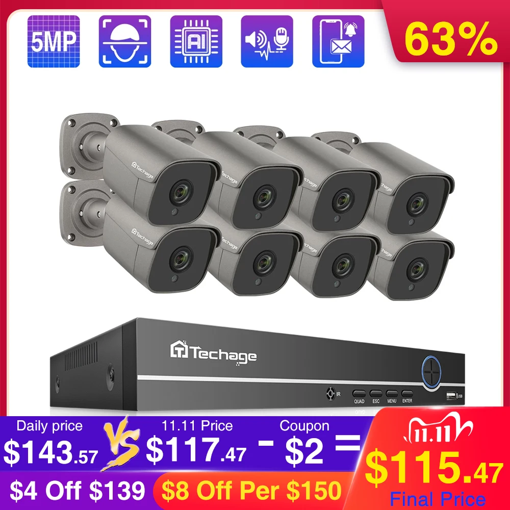Techage 8CH 5MP POE NVR Security Camera System Two-way Audio Record IP Camera Indoor Outdoor CCTV Video Surveillance Kit
Techage 8CH 5MP POE NVR Security Camera System Two-way Audio Record IP Camera Indoor Outdoor CCTV Video Surveillance Kit