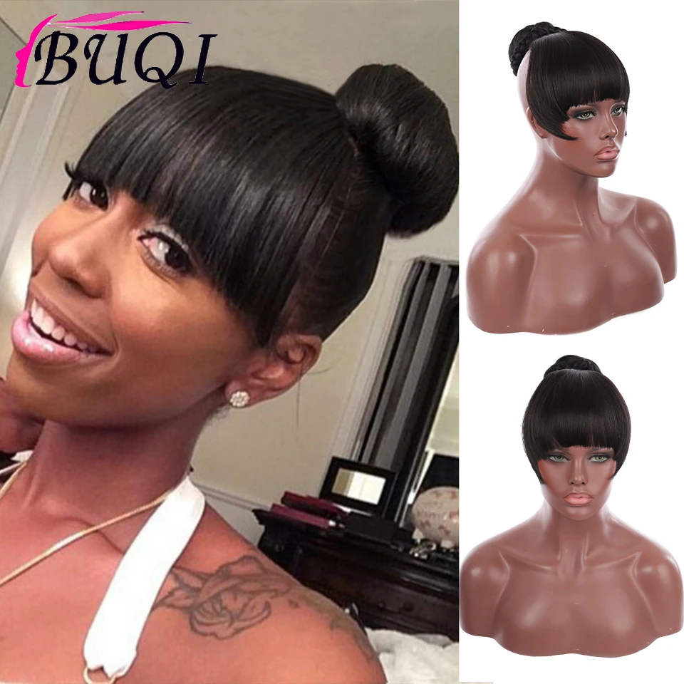 BUQI Synthetic Fake Hair Bun with Bang For Women Heat Resistant Fiber Chignons HairPiece Ponytail Wig Clip in Extension | Шиньоны и