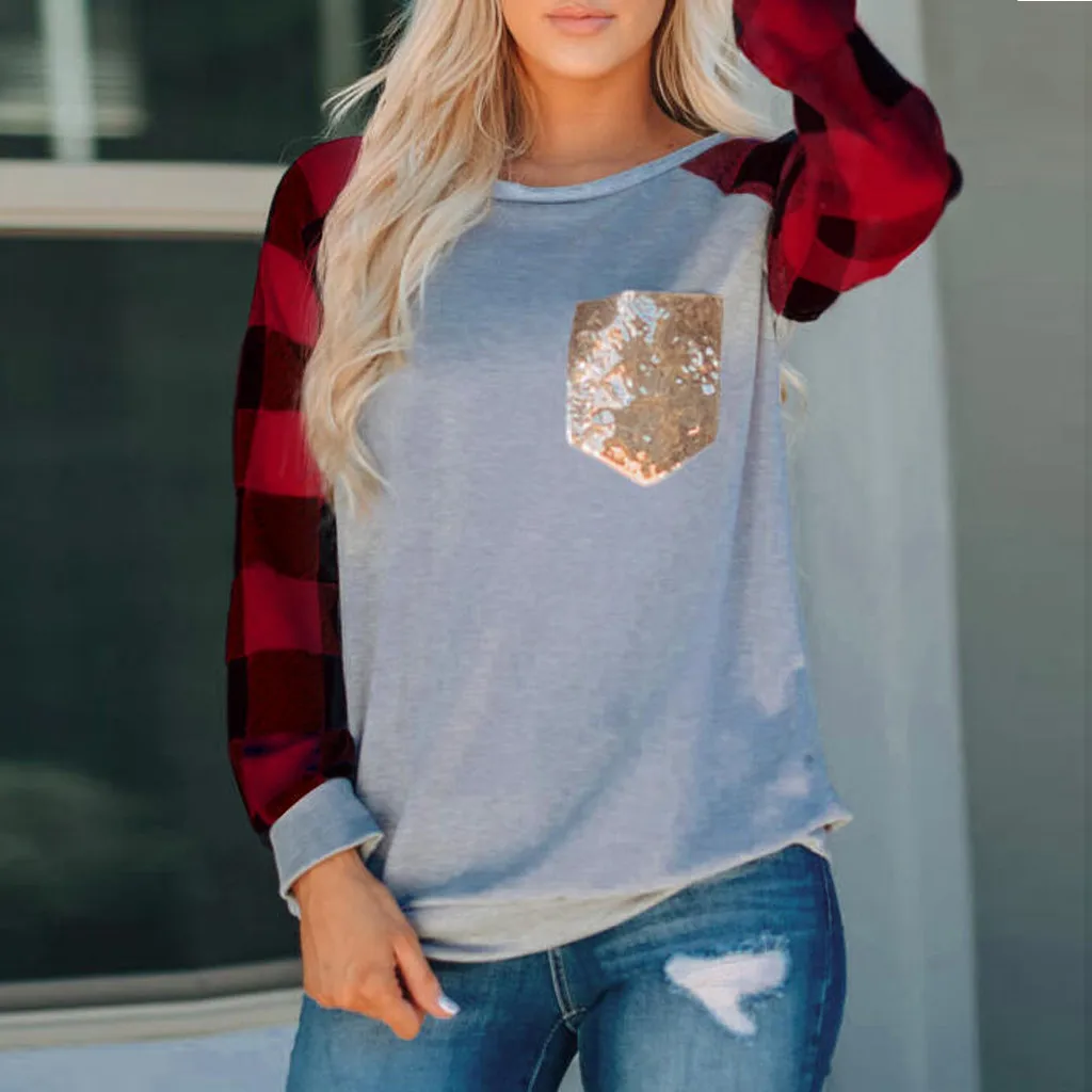 Womens fashion capless O-neck long-sleeved plaid sweatshirt autumn print sequins stitching blouse womens casual loose wild tops
Womens fashion capless O-neck long-sleeved plaid sweatshirt autumn print sequins stitching blouse womens casual loose wild tops