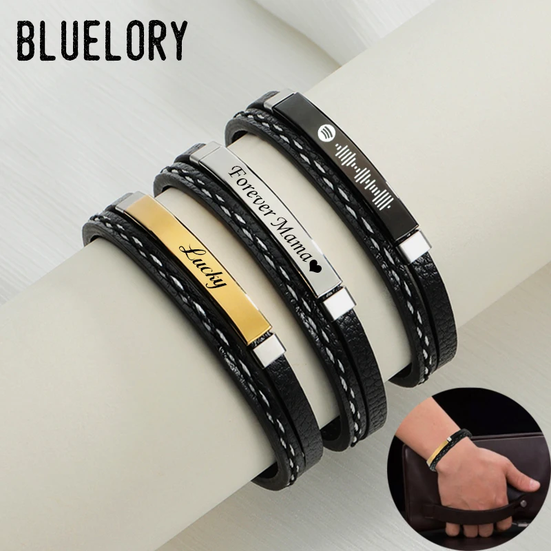 

Bluelory Personalized Men Leather Name Bracelet Punk Stainless Steel Layered Braided Bangle Engraved Cool Jewelry For Dad Lovers