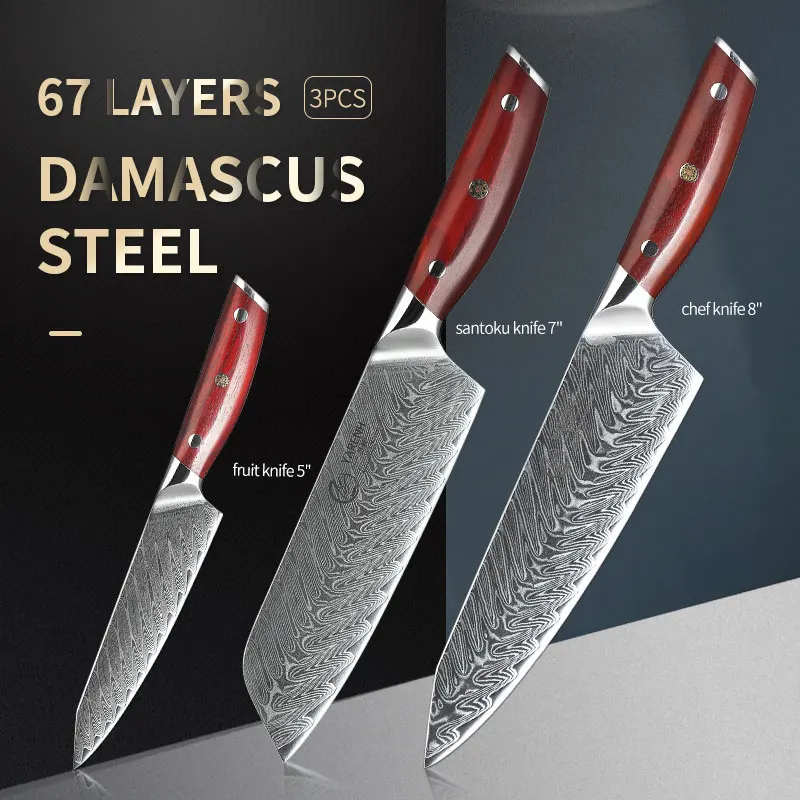 Yarenh 3 PCS Utility Kitchen Knife Set - Sharp Damascus Steel Chef Bread Santoku Cooking Knives - High Quality Rosewood Handle
Yarenh 3 PCS Utility Kitchen Knife Set - Sharp Damascus Steel Chef Bread Santoku Cooking Knives - High Quality Rosewood Handle