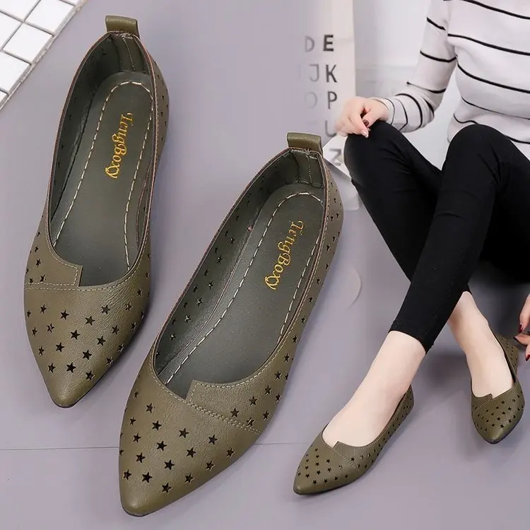 Summer Korean-style Breathable Hollow out WOMEN'S Shoes Versitile Fashion Moccosins Women's Pointed Toe Flat Keel Thin Shoes Laz