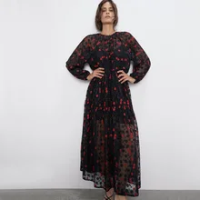 ZA 2019 Outono Nova Preto Bordado Vestido de Chiffon de Moda Boho Mulheres Roupas Festa Flor Vestido Solto Viagens de Férias Por Atacado(China)